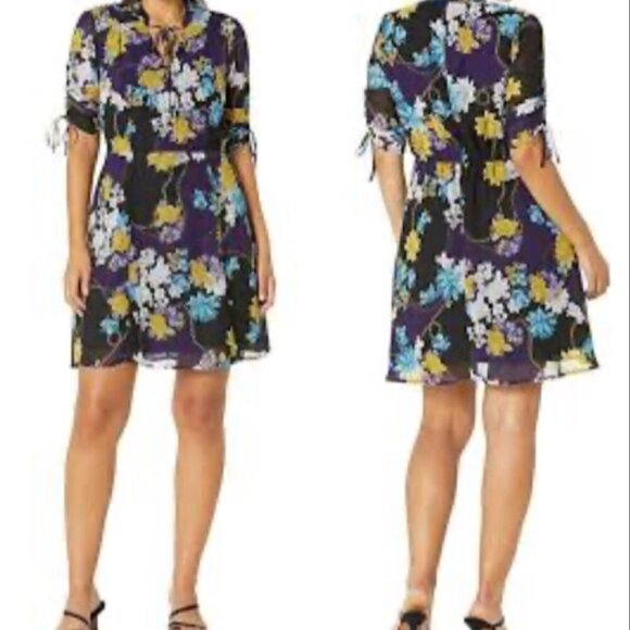 Sharagano Navy Floral Keyhole Drawstring Sleeve Smocked Fit & Flare 12 Dress NWT - Picture 1 of 8